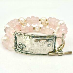 Silpada Retired Vintage Silver B1178 Triple Strand Rose Quartz & Pearl Bracelet